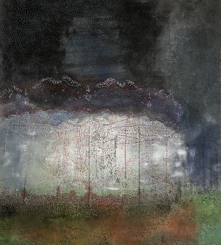 Farverne samler sig som glasur, akryl på lærred, 100x90 cm.
